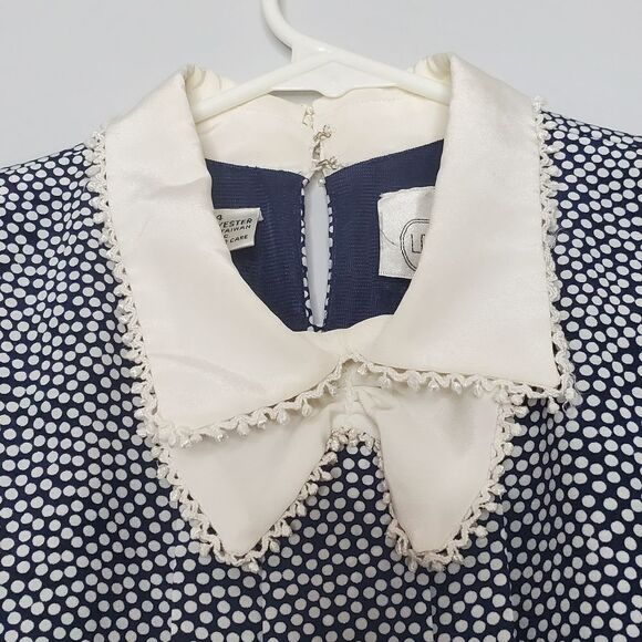 Liz Robert's 14 Vintage Long Sleeve Dress Blue Navy Polka Dot Print - Picture 6 of 15